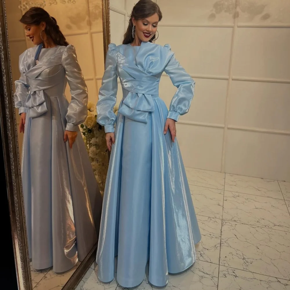 

Customized Exquisite Modern Style Bow Pleat A-line Scoop Neck Long Dresses Bespoke Occasion Dresses High Quality Intricate
