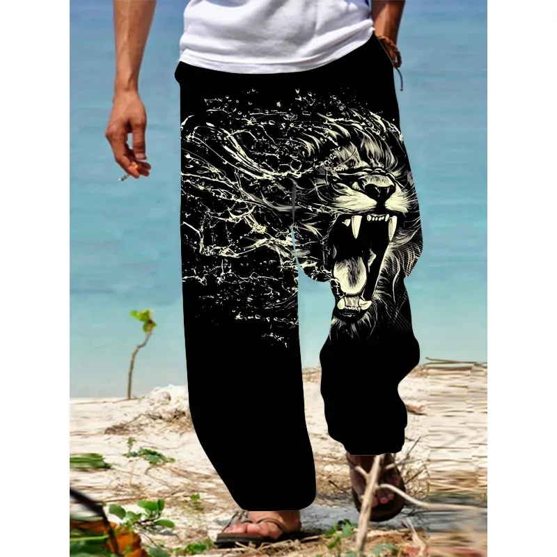 Celana Panjang Pria, Celana Kasual Gambar Singa Mengaum 3D, Celana Luar Ruangan Ringan Cepat Kering dengan Pinggang Serut Elastis untuk Perjalanan