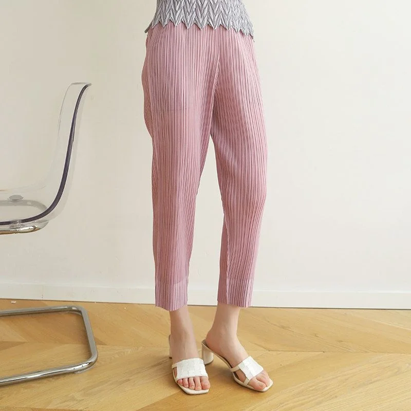 Loose Casual Pants Women's Summer New Style Wide Leg Pleated Straight Cut Dad's Three 018 Polyester Fiber Low Waist Trousers