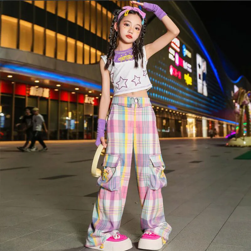 Hip Hop Outfits Girls Crop Tank Tops Pink Color Cargo Pants Children Joggers Streetwear Kids Kpop Dance Jazz Sweet Clothes Sets