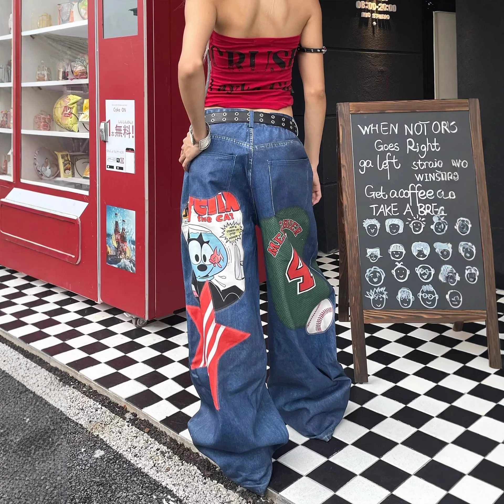 American Style Jeans Big Size Heavy Sticker Fabric Wide Leg Mopping High Waisted Jeans Men and Women Trendy Hip Hop Gothic Pants