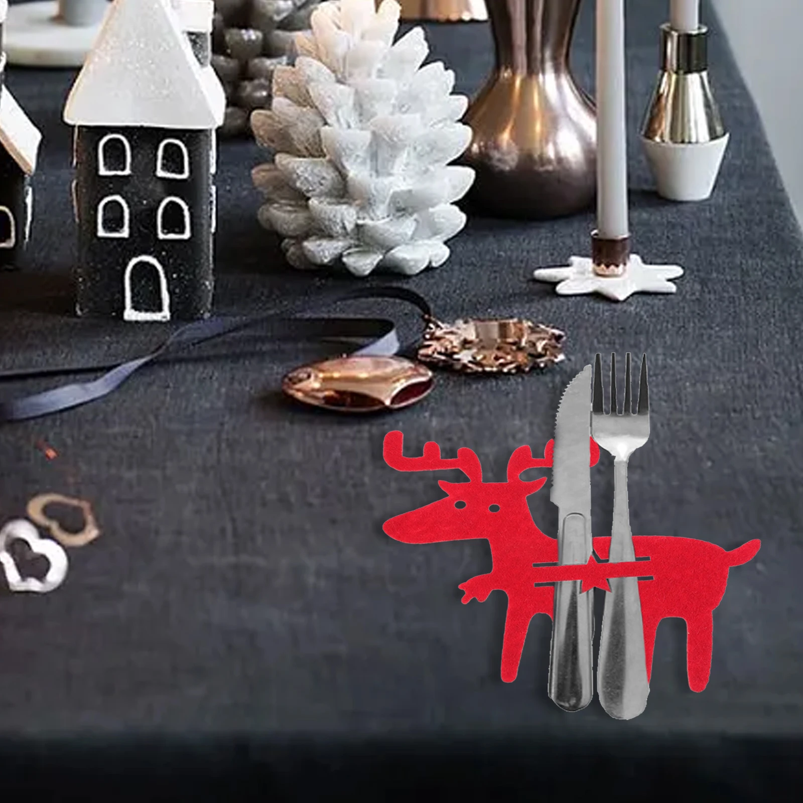 

4Pcs Elk Shaped Cutlery Holder Christmas Table Decoration Festive Silverware Pouch for Banquet Party Supplies Use
