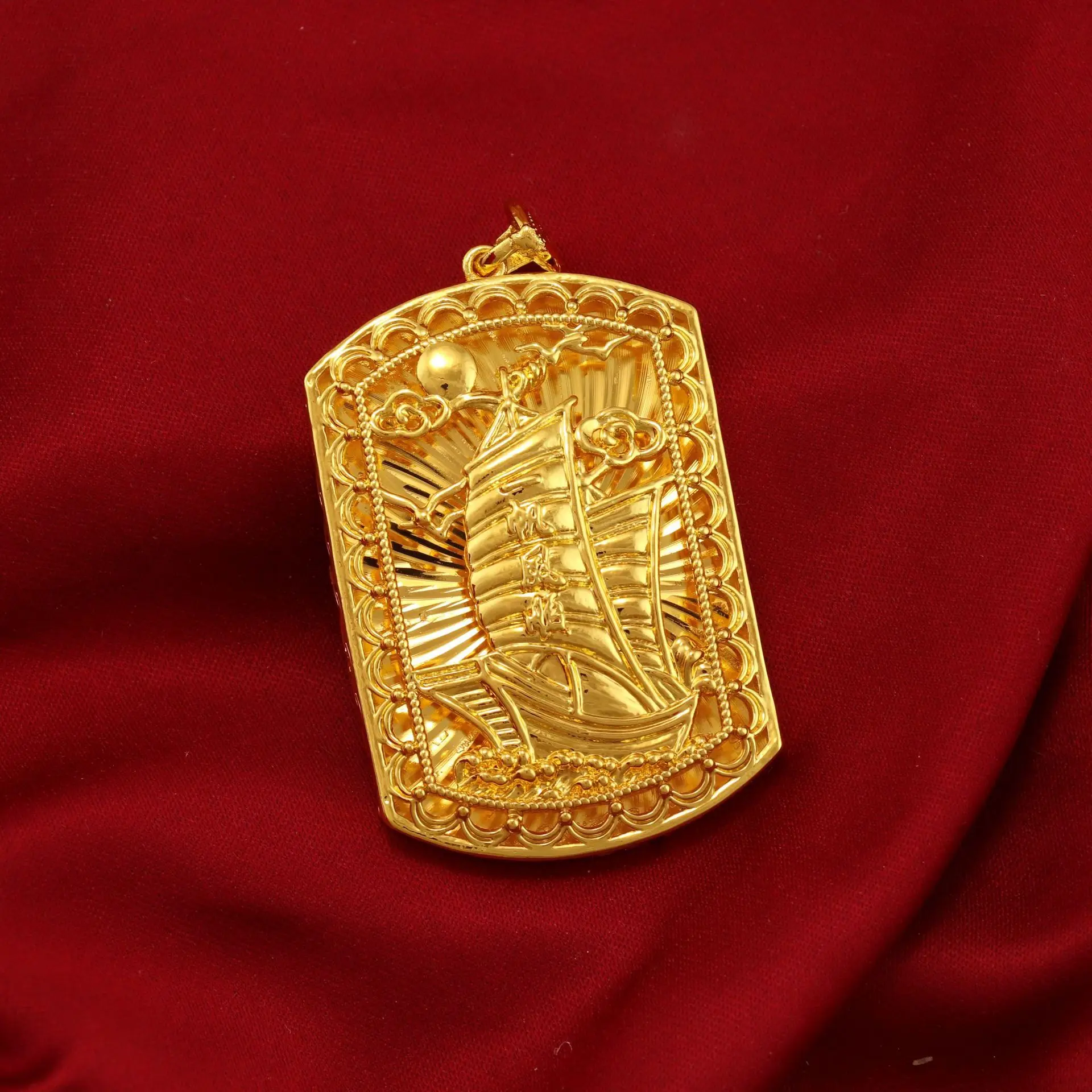 

Luxury 24K 9999 Pure Gold real gold Sailing Square Pendant Men's Pendant