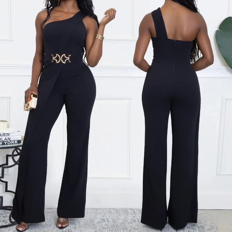 

Casual Women's Jumpsuit 2025 Fashion One Shoulder Sleeveless Metal Belt Decor Overalls High Waist Wide Leg Sexy Party Romper New