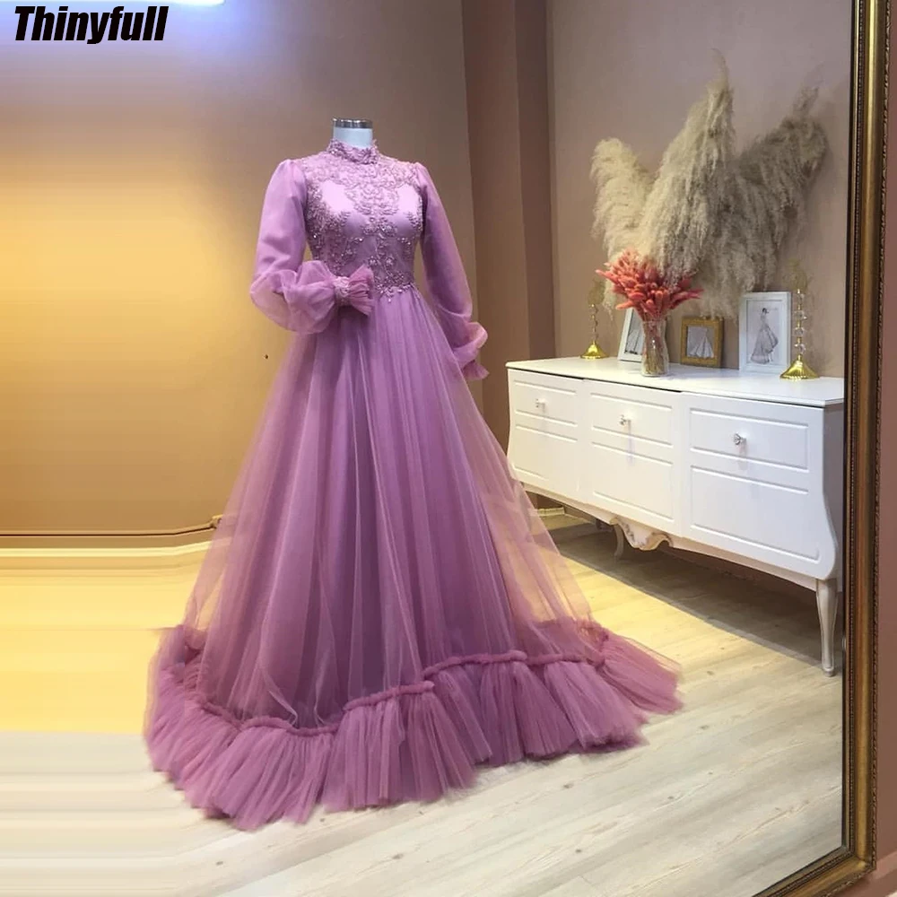 

Thinyfull Prom Dresses A-line Tulle High Neck Long Sleeves Evening Party Dress Appliques Formal Occasion Gown Robe De Soirée