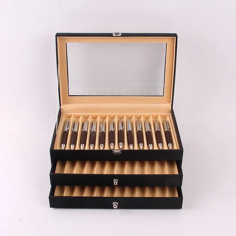 Leather Fountain Pen Storage Display Case 12/24/36 Slots Capacity Drawer Type Flannel Organizer Box Stationery Office Supples