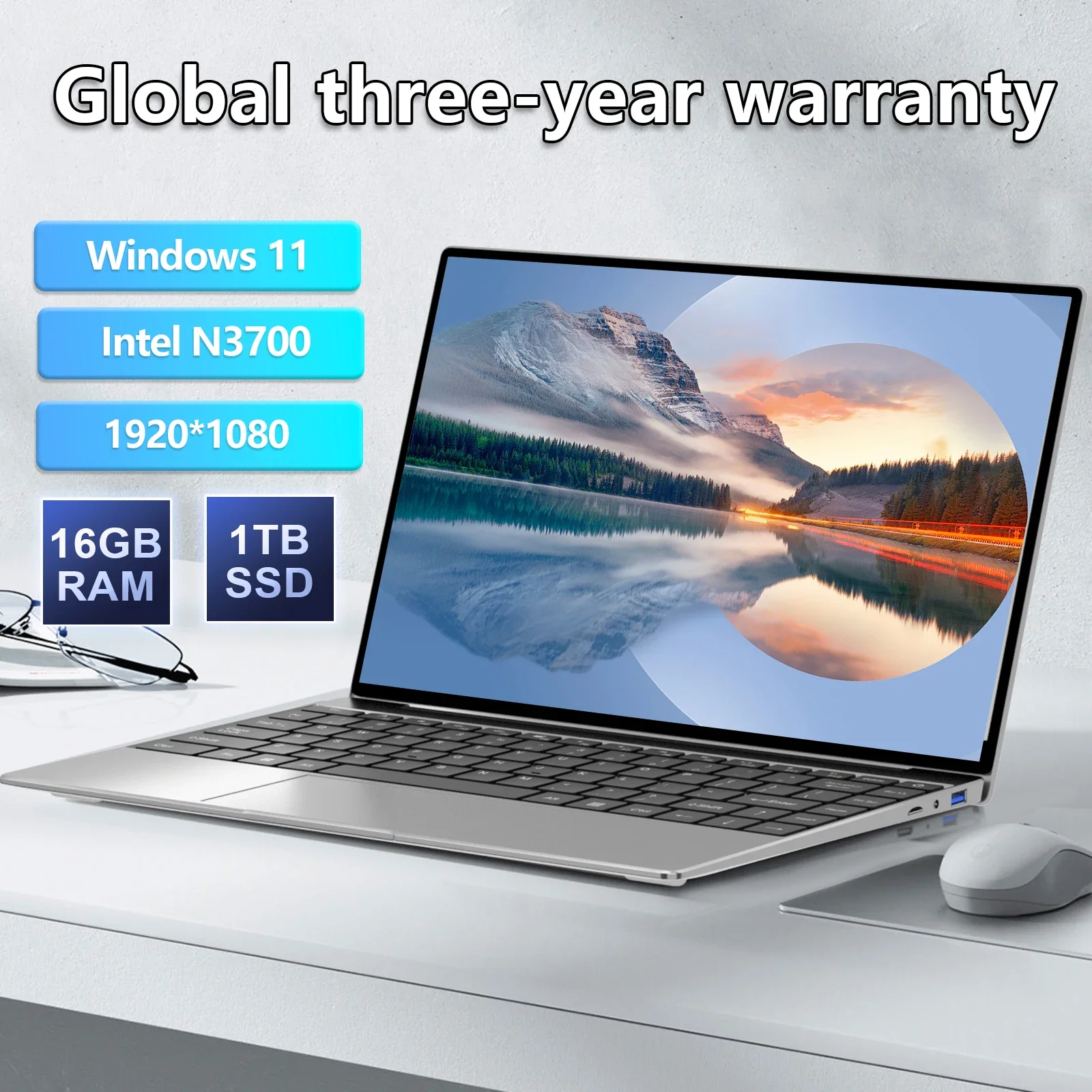 2024 New Laptop Computer Windows 11 Pro Ultra Slim Notebook 14.1 Inch Intel Pentium N3700 16GB 1024GB Office Study PC Computer