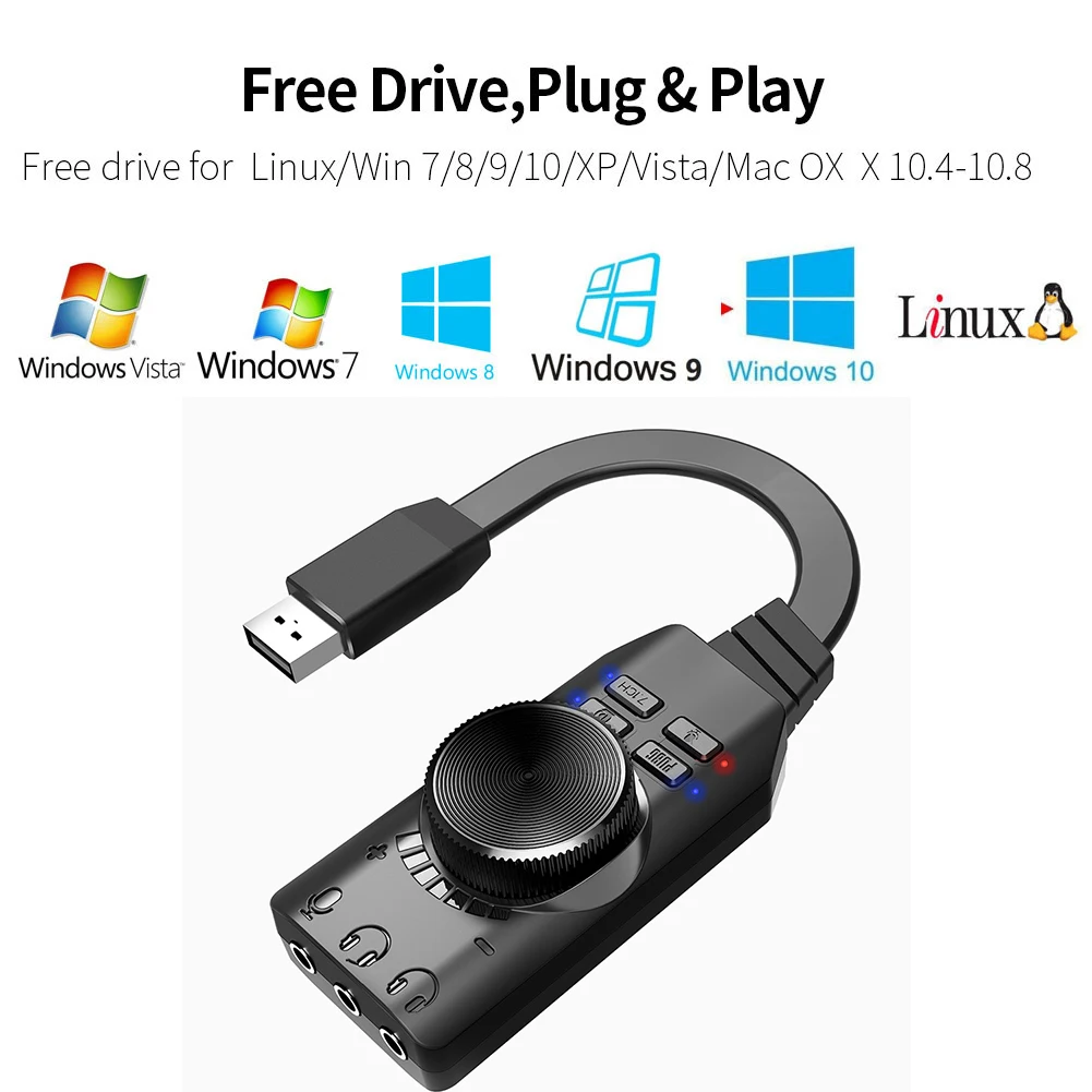 GS3 7.1 Channel USB Sound Card Adapter External Volume Adjustable Audio Jack Cable Mute Switch Adjustment for Windows