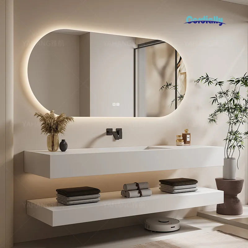 Slanted Basin Bathroom Vanity Set Integrated Stone Slab Single Dual Basin Luxury Smart Mirror Home Furniture
