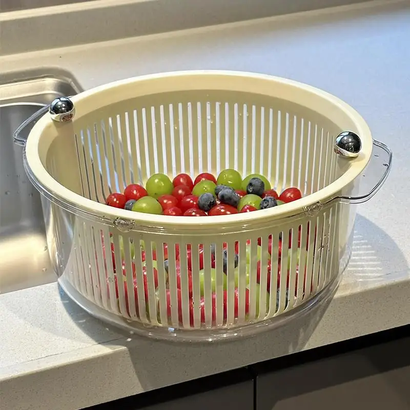 New Double Layer Kitchen Vegetable Washing Basket Fruit Drain Basket Rotating Large High Aesthetic Value Vegetable Cleaning B...