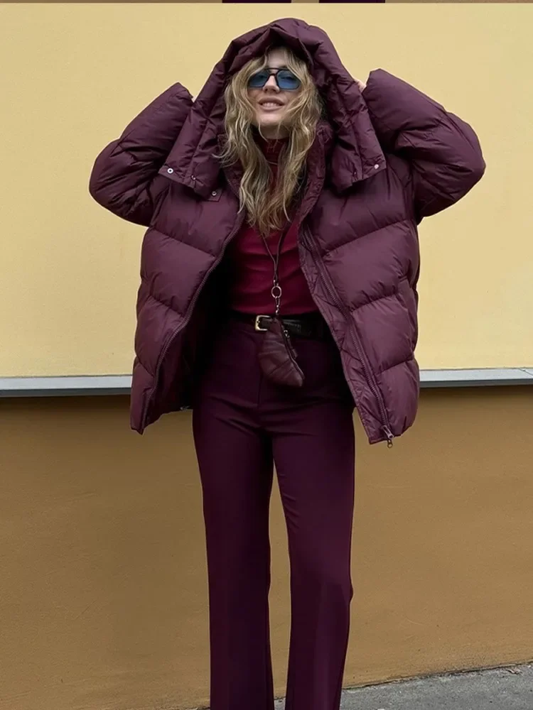 Abrigos elegantes con capucha color Burdeos para mujer, Chaqueta de algodón con cremallera y solapa a la moda, ropa de abrigo cálida para invierno para mujer