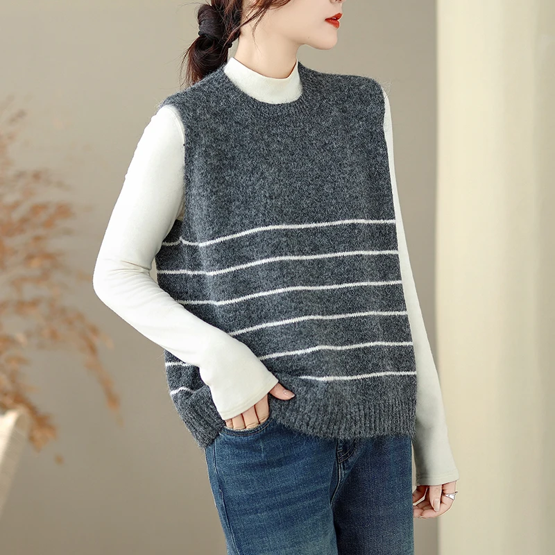 Faionable Gilet maglione lavorato a maglia retrò da donna rotondo Ne Svel Fce Feel strisce verticali Autunno Inverno Nuovo Sle Sim...