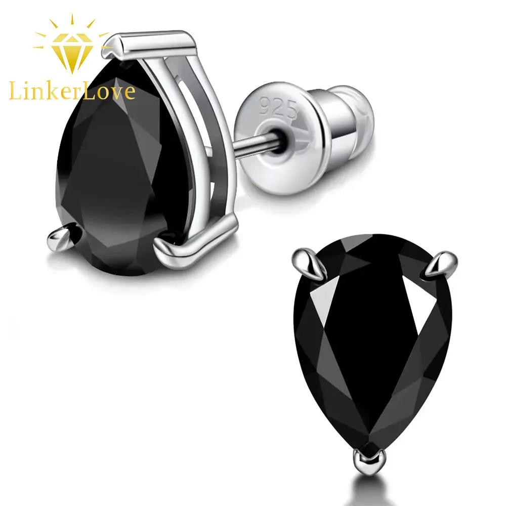 Black Moissanite Earrings for Women Men S925 Sterling Silver Classic Lab Diamond Pear Cut Couple Stud Earrings Fine Jewelry Gift
