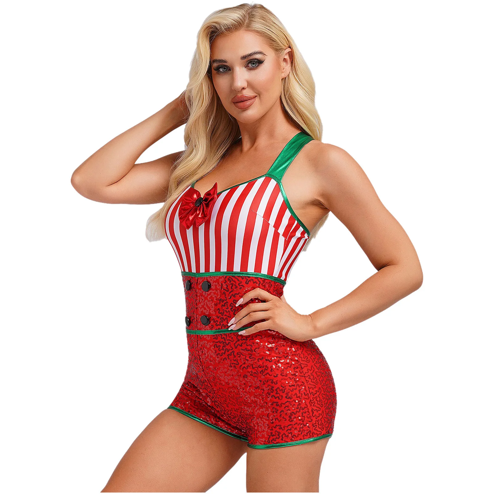 Kostum Tari Natal Wanita Bodysuit Candy Cane Leotard Santa Claus Bergaris Payet Jumpsuit Pesta Natal Tahun Baru Pertunjukan