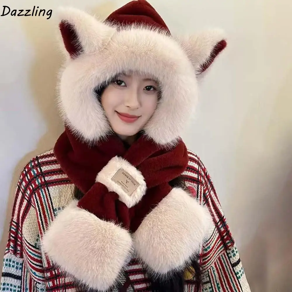 لطيف الكرتون الشتاء أفخم قبعة 2 في 1 يندبروف الحيوان الأذن وشاح قبعة مكافحة البرد دفئا الأذن غطاء حماية الدراجات #1