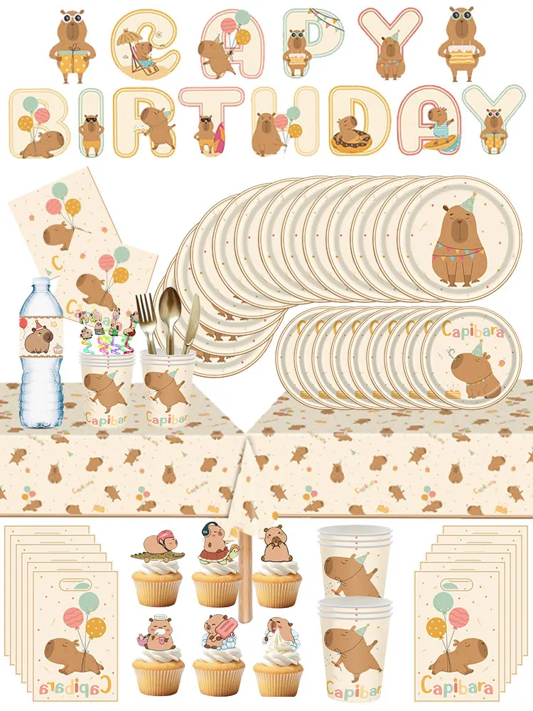 Capybara fête d'anniversaire décoration fille fournitures ensemble dessin animé Capybara vaisselle bannière serviettes assiettes tasses joyeux anniversaire faveurs