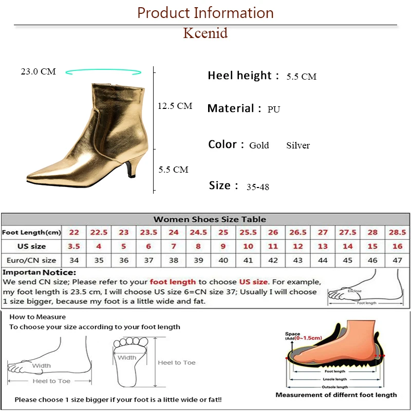 Kcenid Women Spike Heels Gold Silver Autumn Winter Ankle Boots For Women Side Zipper Pointed Toe Short Boots Plus Size 35-48