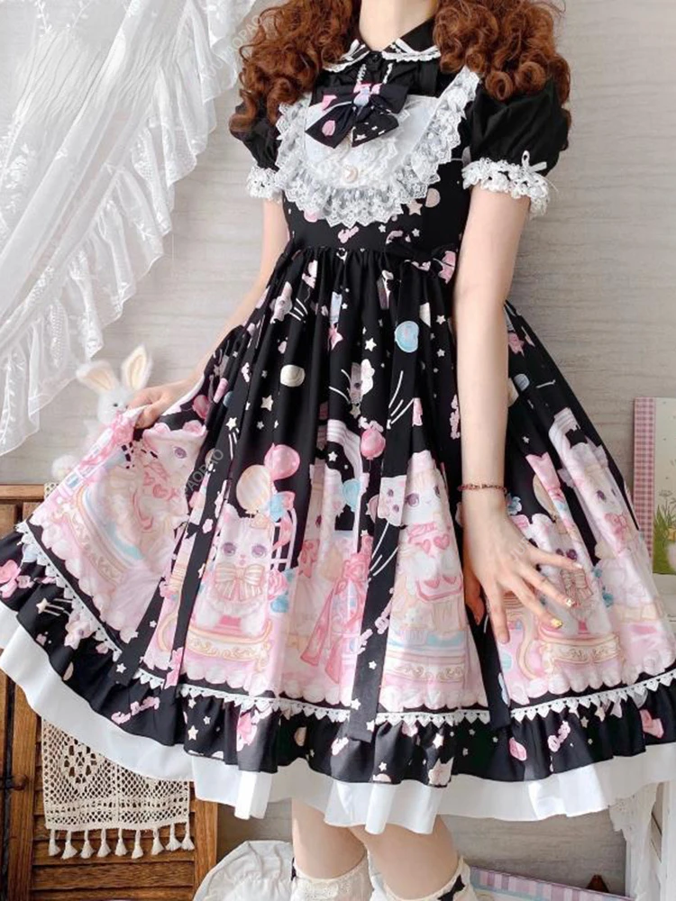 Vestido gótico dulce de Lolita con cuello cuadrado y estampado de gato, vestido JSK de diseñador con lazo sin mangas de encaje con volantes, vestidos camisola femeninos de encaje