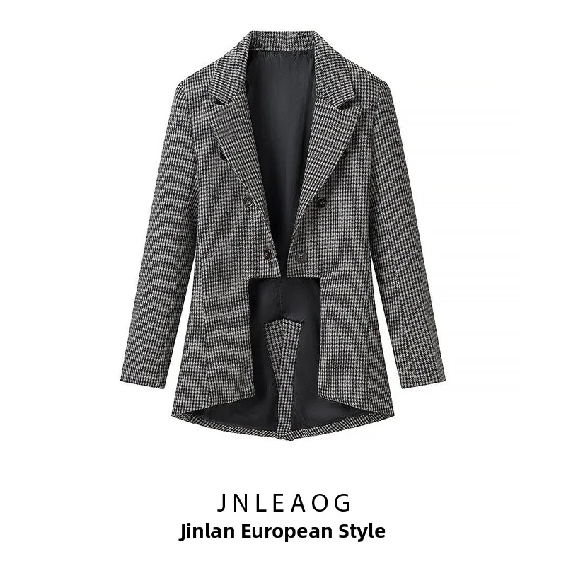Fashionable Versatile Asymmetric Hemline Suit Jacket for Women Spring New Arrival Polyester Long Sleeve Plain Collar Plaid Pa...