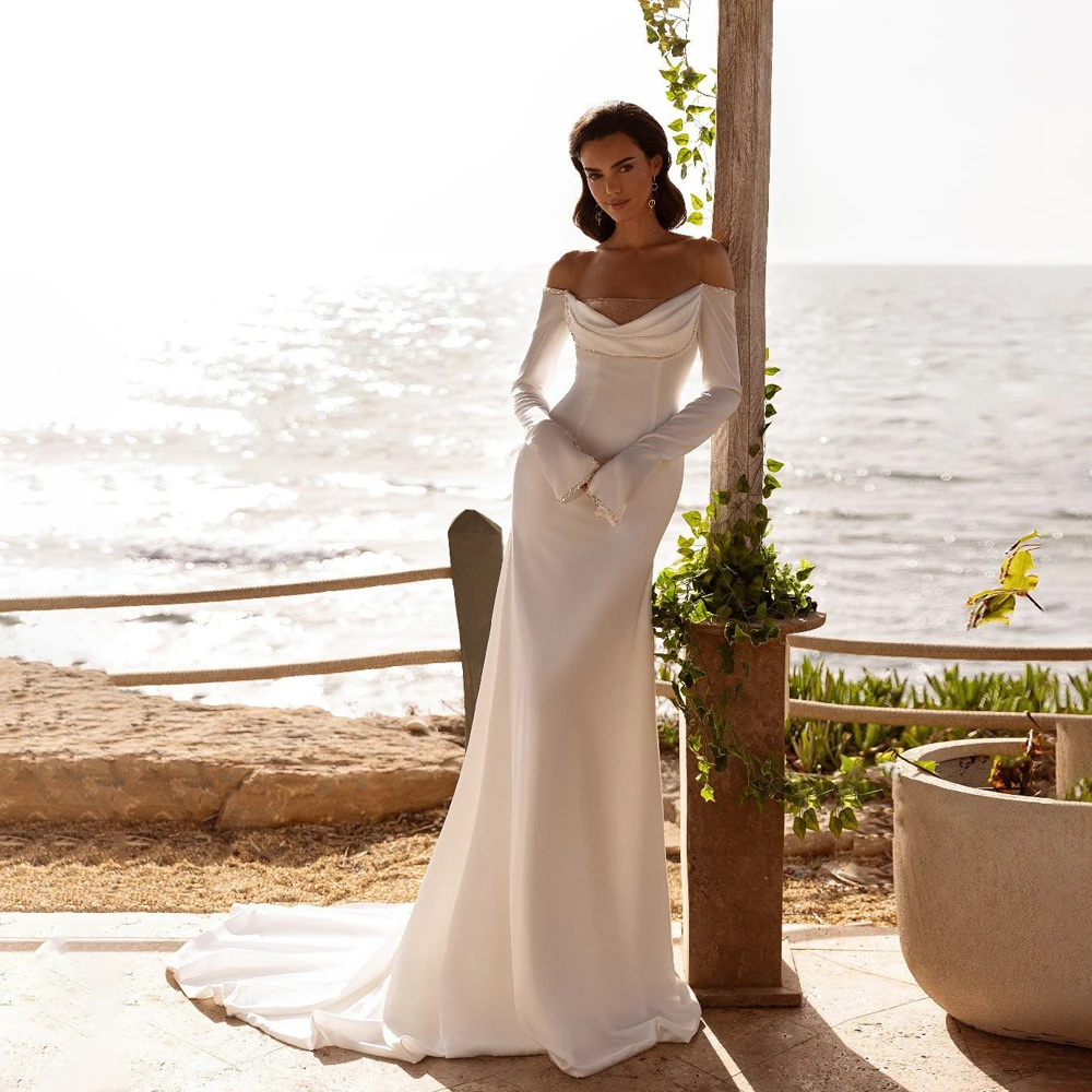 Simple Pleat Boat-Neck Mermaid Wedding Dress Women 2025 Beading Long Sleeves Open Back Bridal Gown Vestidos De Novia Customized