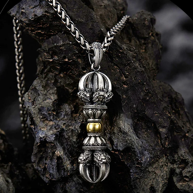 Vintage Buddhist Dharma Vessel Exorcism Vajra Pendant Necklace for Men Necklace Religious Amulet Accessory Gift