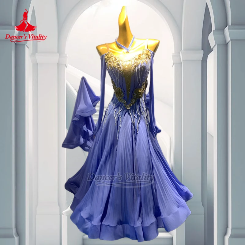 Women Viennese Waltz Luxurious AB Stones Dresses Advanced Customize Adult Long Sleeves Dew Shoulder Outfit Dancer's Vitality