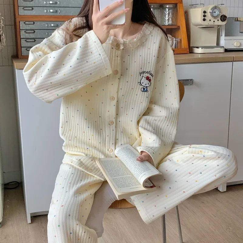

Пижамы с рисунком «Hello Kitty» для девочек на осень-зиму, милый комплект брюк с длинными рукавами в горошек, утепленная теплая стеганая домашняя одежда