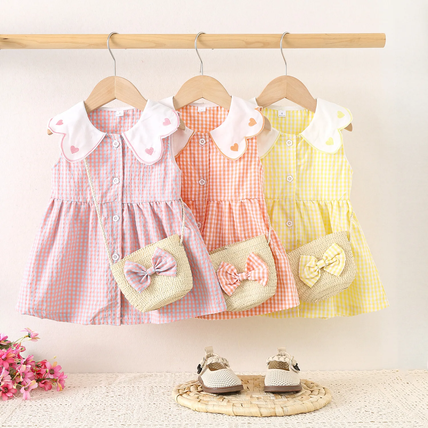 Children's Clothing Girls' Summer Plaid Love Dress Summer Thin Skirt Free Bamboo Basket Satchel fashion casual