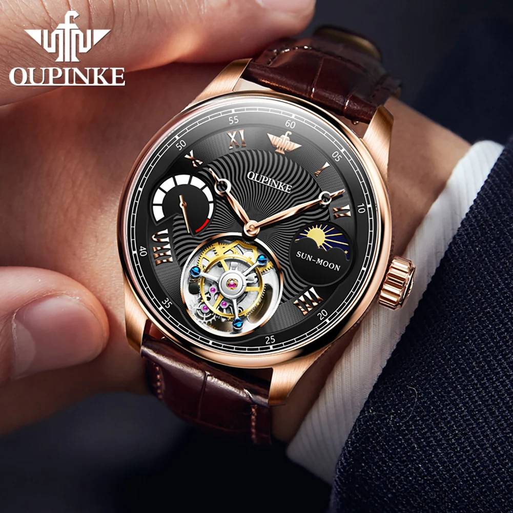 OUPINKE 8001 Tourbillon Mechanical Watch For Men Kinetic Energy Storage Dial Hand Clock Moonswatch Automatic Man Dress Watches