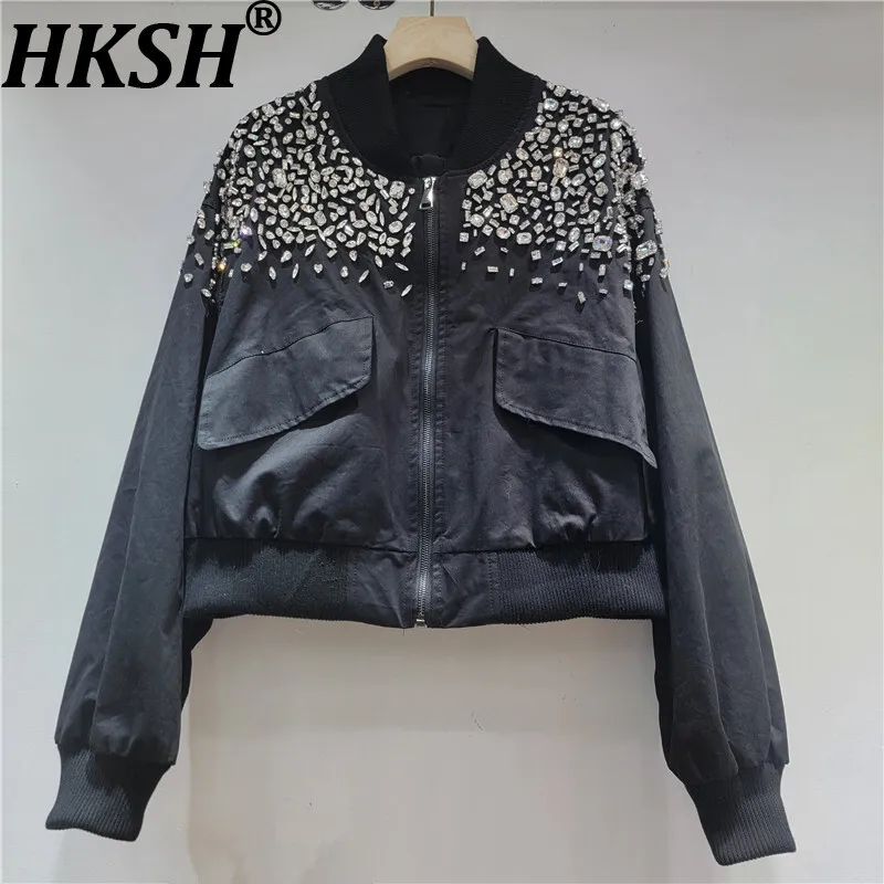 

HKSH Spring Autumn New Women Jacket Studded Diamonds Stand Collar Pockets Long Sleeves Luxury Elegant Trendy Casual Coat HK16975