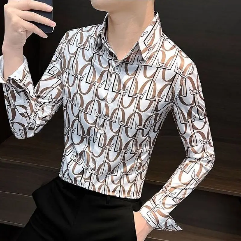 Men\'s Clothing Letter Printed Shirt Long-sleeved Slim-fit Handsome High-end Casual Printed Shirts