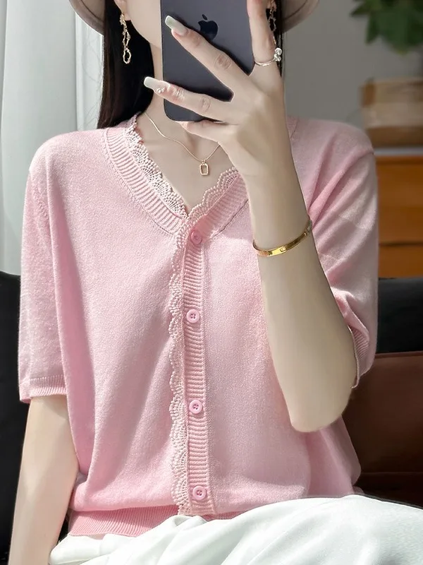 

Летний трикотажный топ из ледяного шелка для женщин: футболка с V-образным вырезом и коротким рукавом, удобная, дышащая, свободного кроя, модная, для повседневной носки