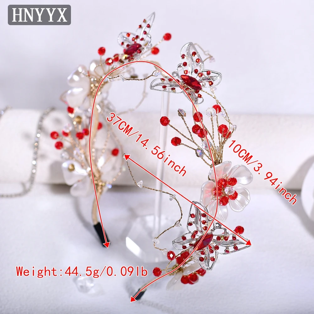 HNYYX New Bridal Headband Red Crystal Hairband Handmade Butterfly Flower Headdress Fashion Bridal Wedding Hair Accessories A325