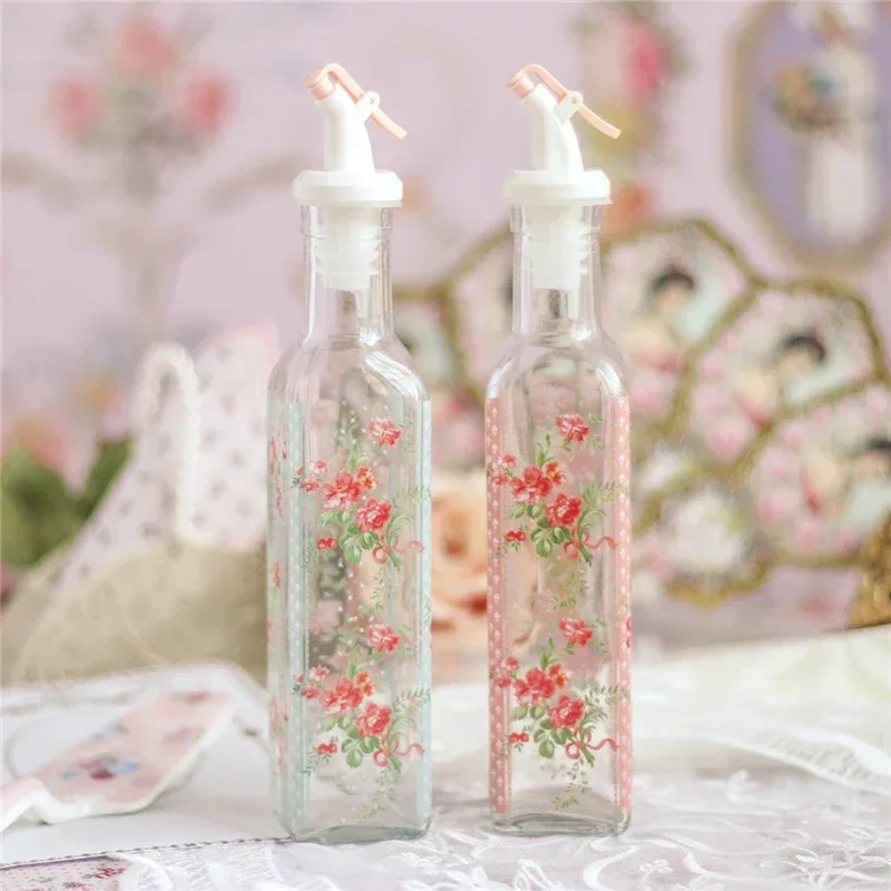 Kitchen Storage Soy Sauce Bottle Cute Bow Flower Pink Diningtable Glass Seasoning Bottle Set 2 Pcs 250ml Jars for Spices Oil Jug