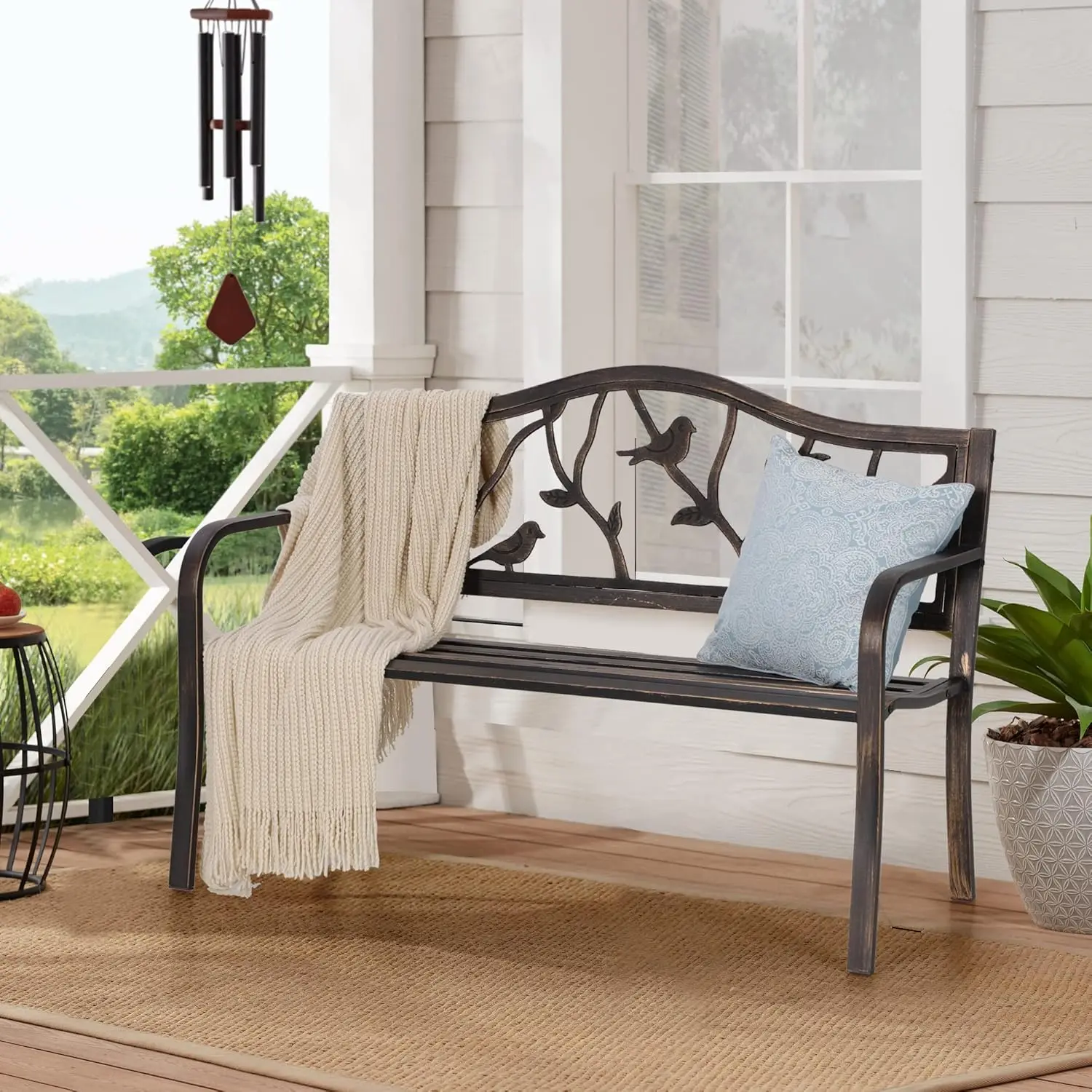 Outdoor Bench, Porch Bench, Garden , Wrought Iron Bench, Outdoor  with Backrest and Armrests, Bronze