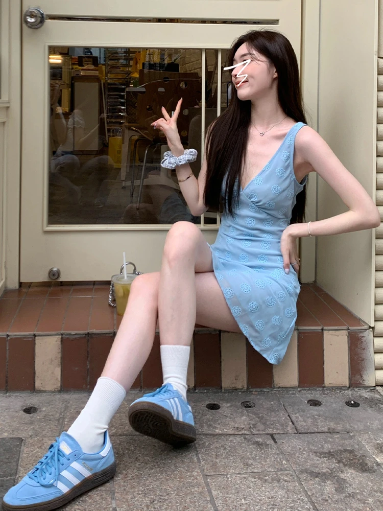 Blauer V-Ne ter Dr Damen Sommer Strand Vaion ort Rock Lässiges A-Linie-Baumwollkleid mit hoher Taille für junge Damen