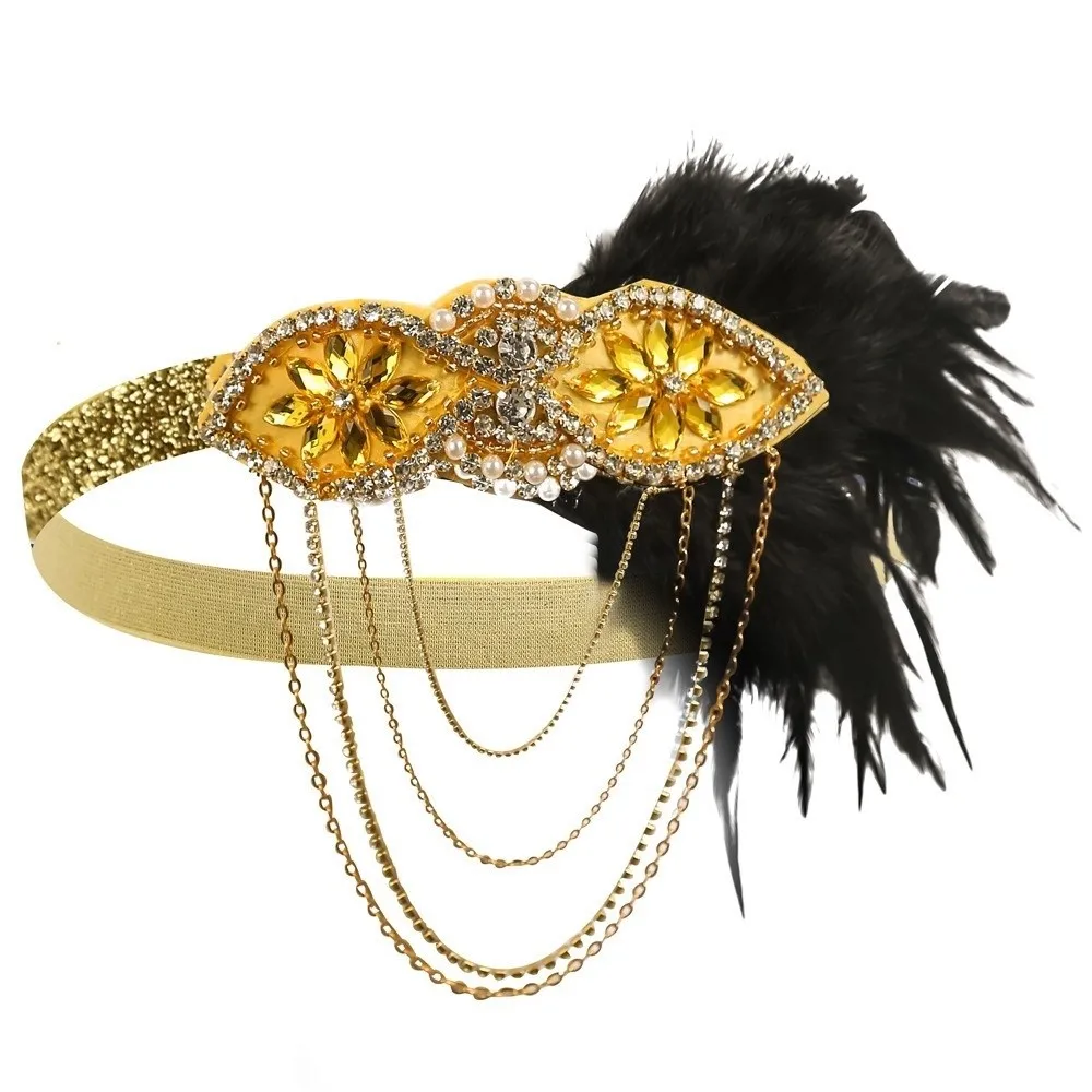 Exquisite Tassels Feather Hairband Long Chain Beaded Headband Hair Hoop 20s Rhinestone Hair Band Bridal