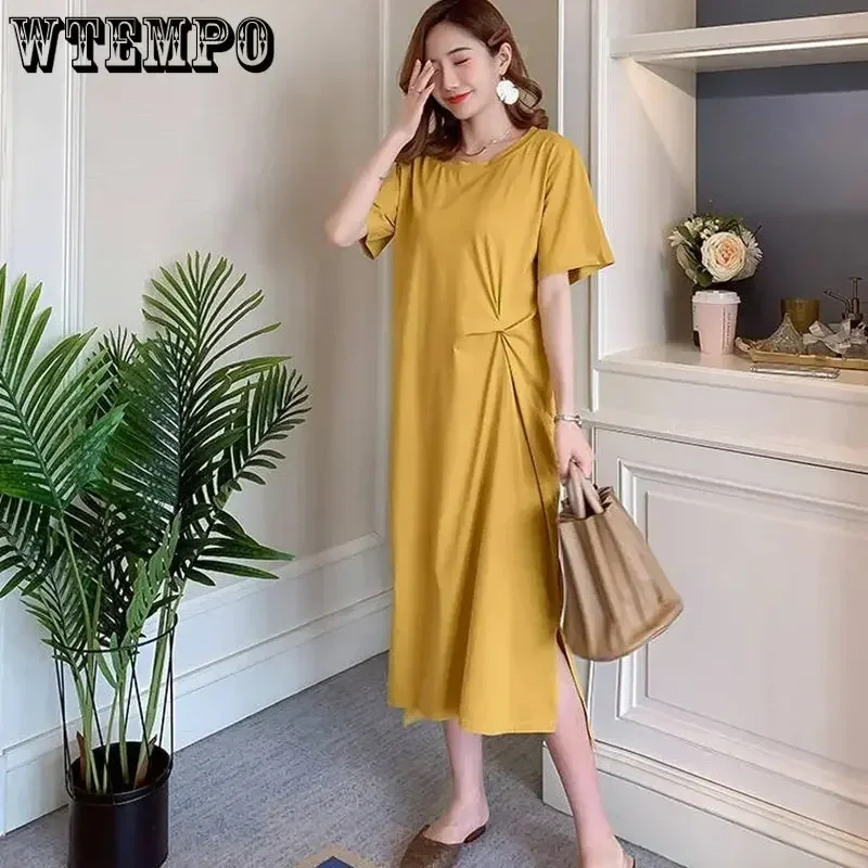 WTEMPO, vestidos veraniegos plisados para mujer, novedad de verano, moda de Color sólido, vestidos sueltos informales para mujer, vestido largo tipo camiseta verde negro amarillo