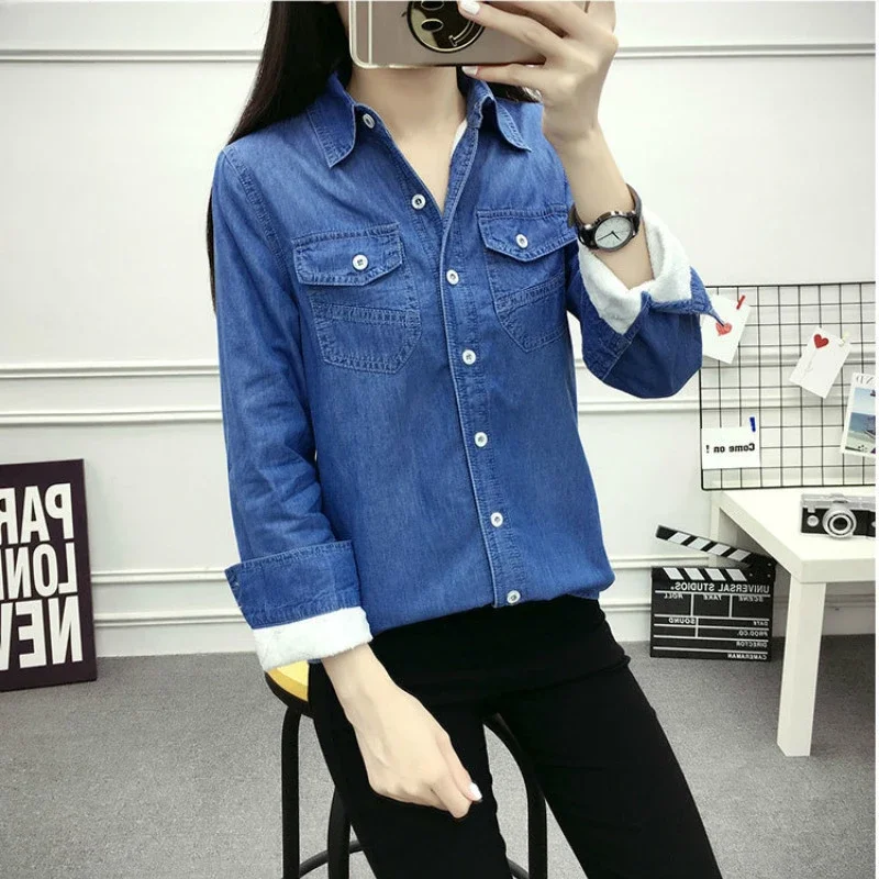 2024 Casual winter Autumn warm thick fleece denim Blouses Women Ladies Tops Women Blouses Long Sleeve Shirt S-3XL D94