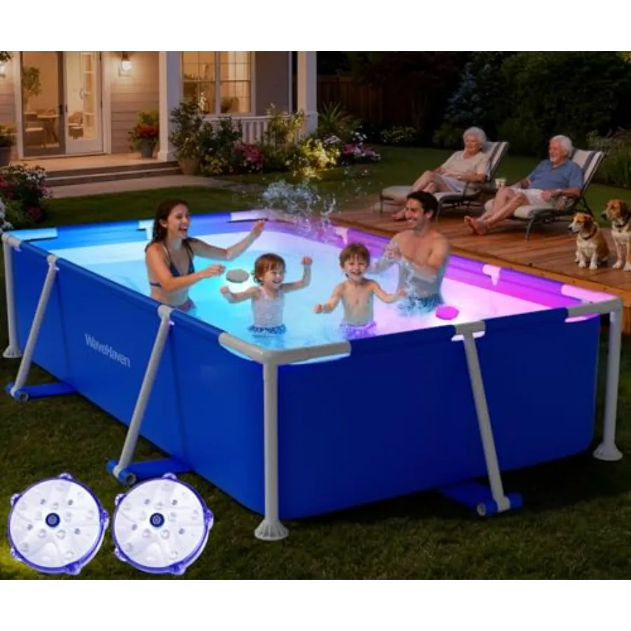 

Rectangle Above Ground Pool 7ft x 48in x 24in with LED Lights Durable Frame Easy Set Up Outdoor Backyard Pool for and Adults Bl
