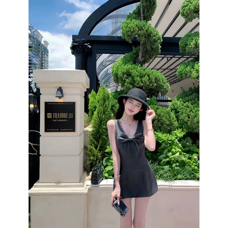 MEXZT Elegant Bow Mini Dress Women Party Beading Patchwork Sleeveless Dresses Summer Vintage Sexy V Neck Bodycon Design Vestidos