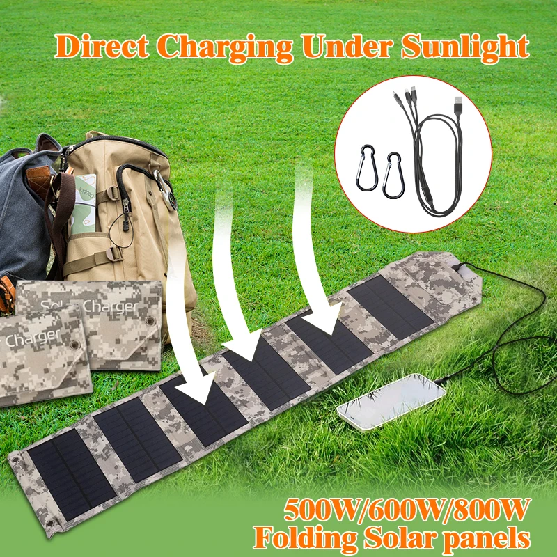 800W/600W/500W Folding Solar Panel USB 5V Solar Charger Portable Solar battery Solar Power Bank for Outdoor Camping Hiking Cable