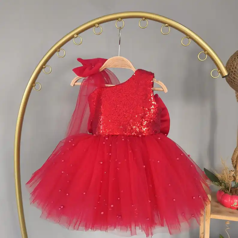 Red Sequin One-Shoulder Tulle Dress: Toddler Party or Wedding Noel Gift for Little Girl