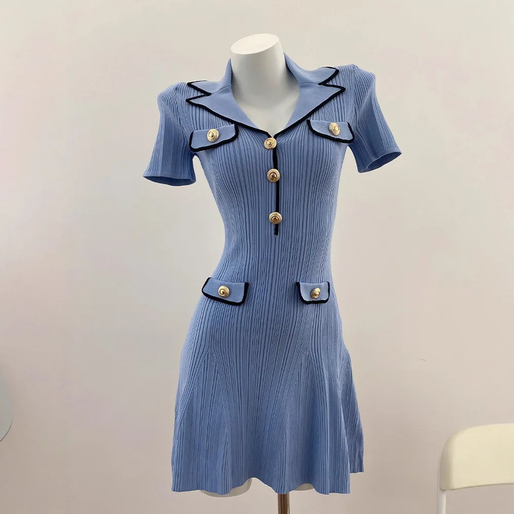 

【Gift Free】Early Spring Premium Mist Blue Slim Fit Knit Ice Silk Dress Women Elegant Workwear
