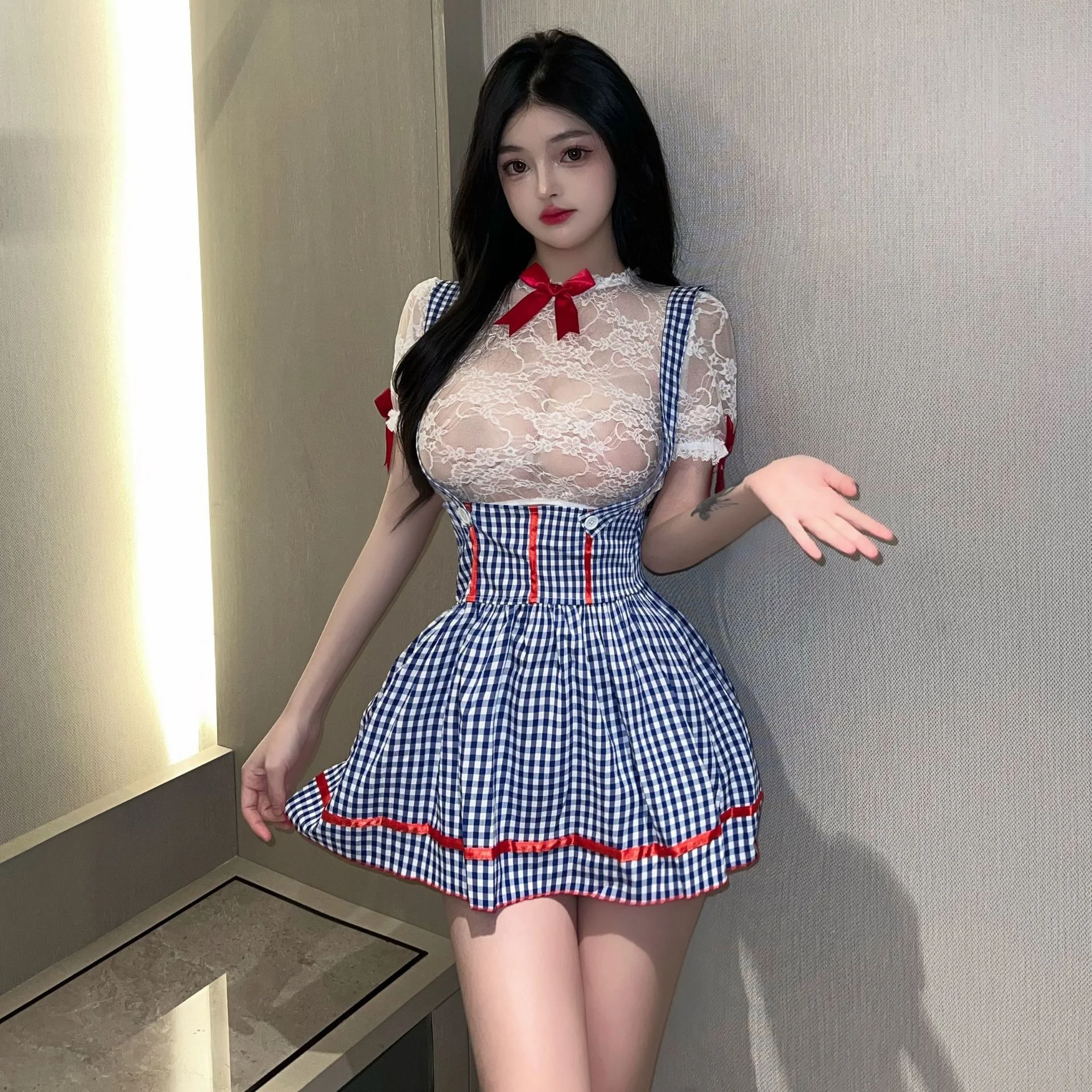 فستان نسائي جديد للصيف من maidserver فستان أزرق منقوش مثير جذاب لوليتا محبب للتزيين بووتي من الدانتيل فستان بمنظور KWQ2