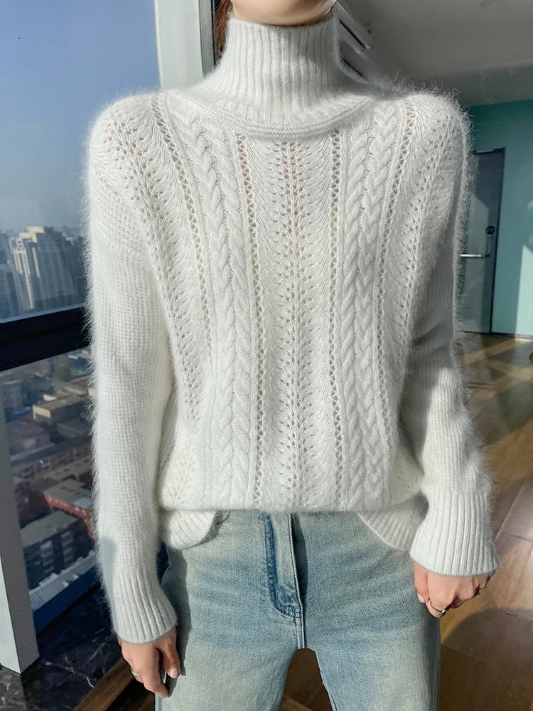 

Autumn 100% Mink Fur Knitting Women's Sweater Turtleneck Solid Color Hollow Out Pullover High Quality Soft Clohting Tops