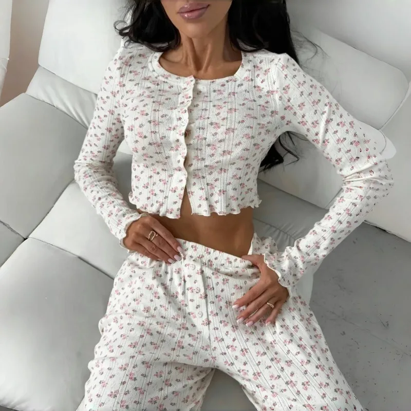 

New European and American Women's Pajama Set Long Sleeve Cardigan Casual Printed Trousers Spring Autumn Loungewear Cozy Sweet L