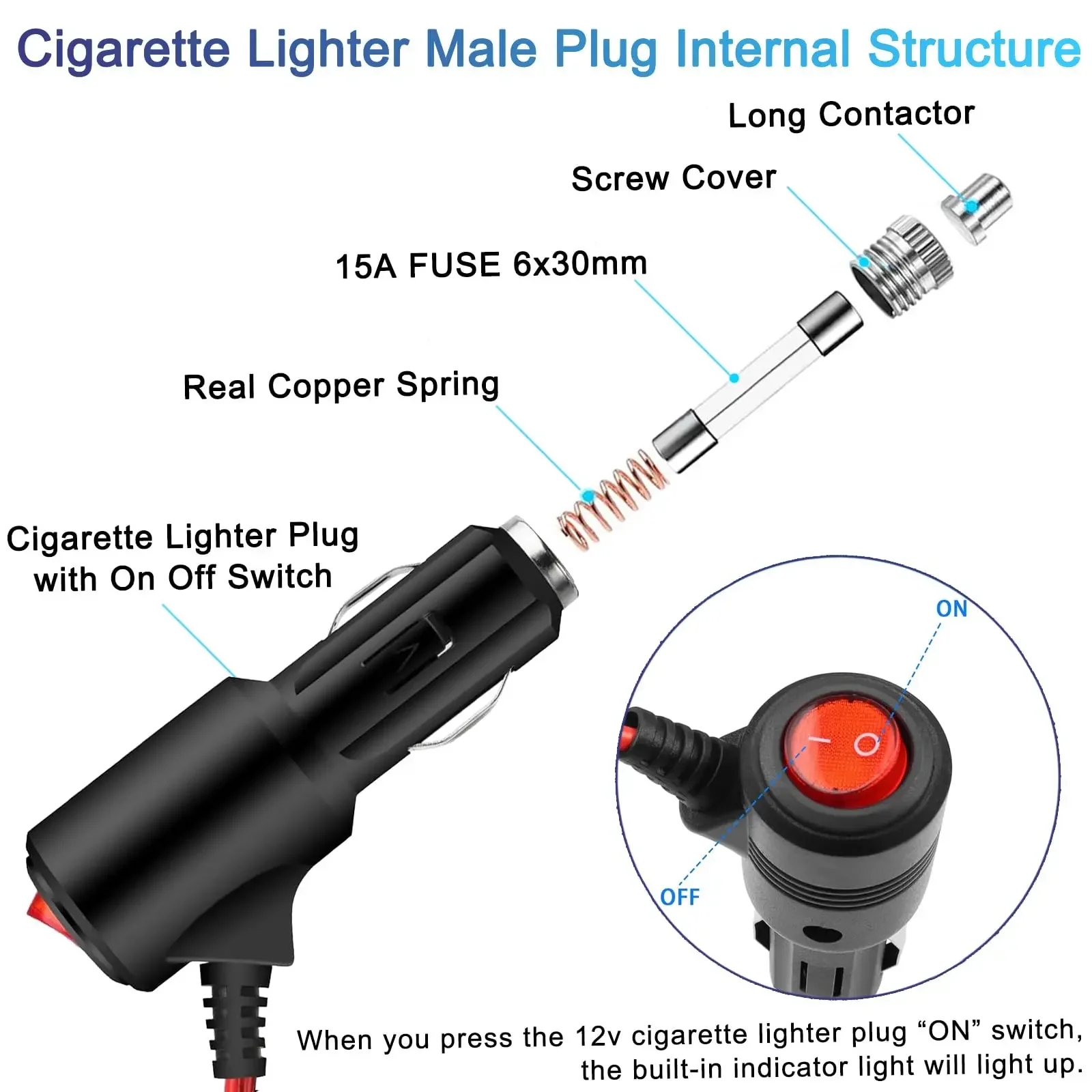 Pulsante interruttore On-Off portatile 12V per cavo di prolunga per caricabatteria da auto cavo di presa per accendisigari per auto connettore