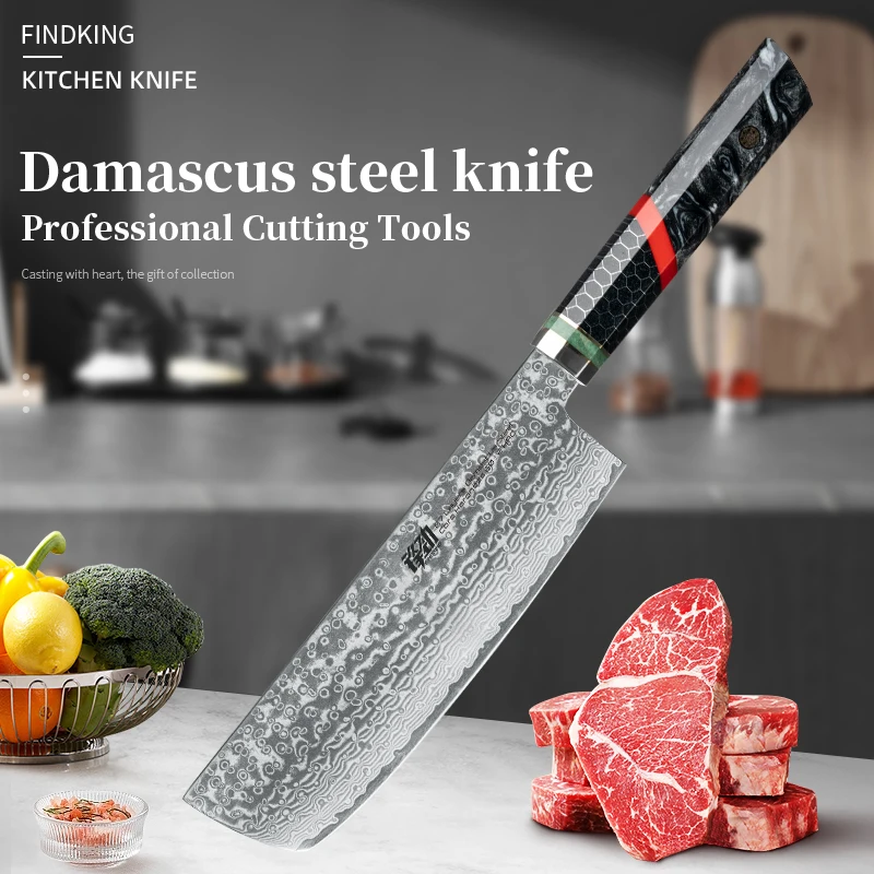 

FINDKING 7-дюймовый нож Nakiri 9Cr18Mov 67 слоев дамасской стали, черный сотовый узор, ручка из смолы, кухонный нож шеф-повара, тесак