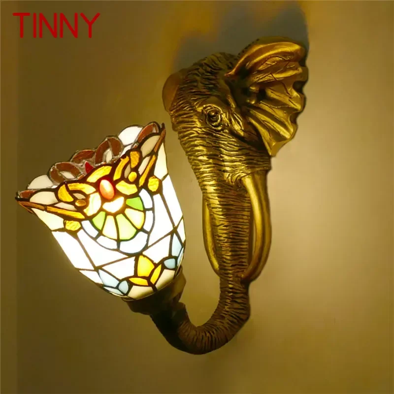 TINNY Tiffany słoń lampy ścienne Vintage sypialnia lustro łazienkowe światło przednie hotelowa restauracja witraż szklana ściana